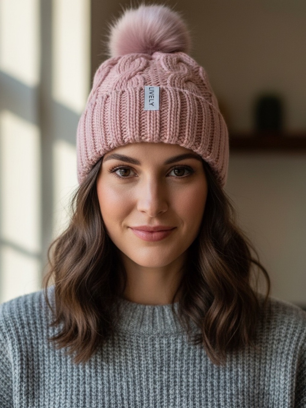 Lively Pink Cableknit hat w/ Pompom